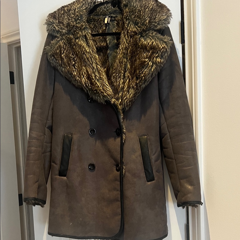 Topshop Dark Brown Pea Coat with Faux Fur Trim